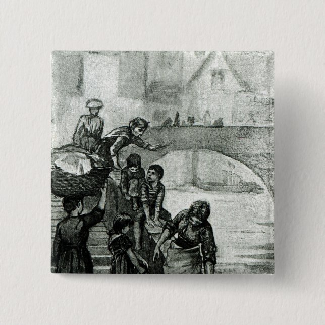 Fetching Water from the River 2 Inch Square Button (Front)