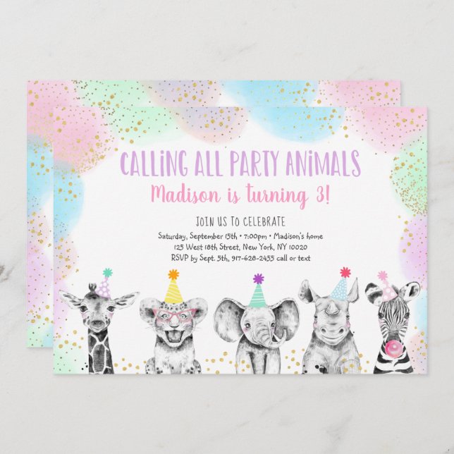Fête Animaux Fille Safari Invitation Anniversaire (Devant / Derrière)