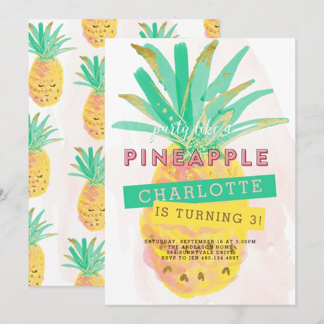 Fête comme un ananas Invitation d'anniversaire (Devant / Derrière)