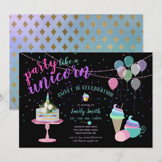 Fête comme un UNICORn Fun Invitation N'IMPORTE QUE (Devant / Derrière)