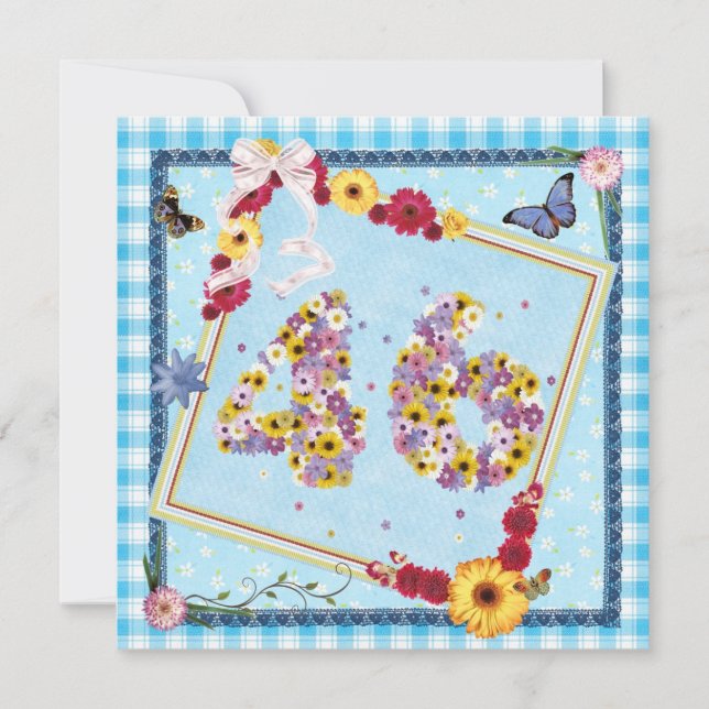 Fête d'anniversaire 46e Invitation fleurs, papillo (Devant)