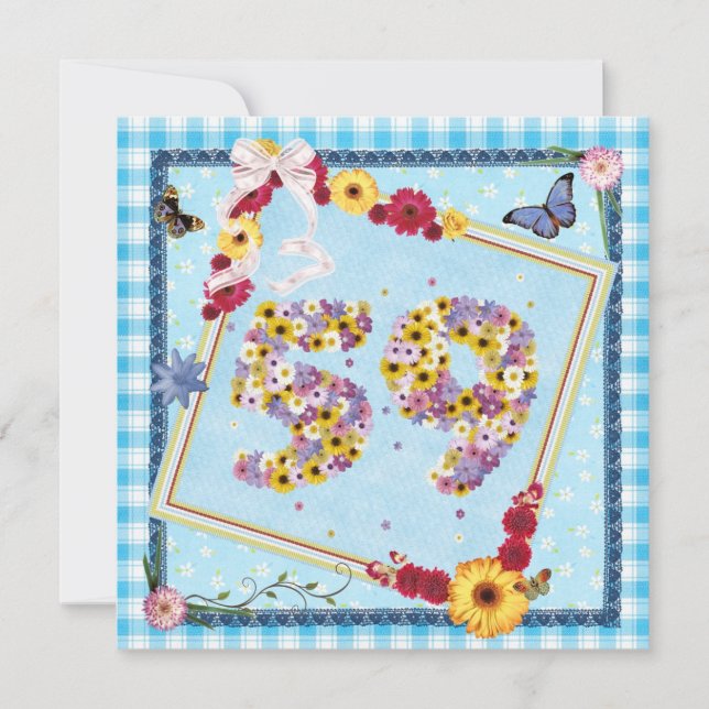 Fête d'anniversaire 59e Invitation fleurs, papillo (Devant)