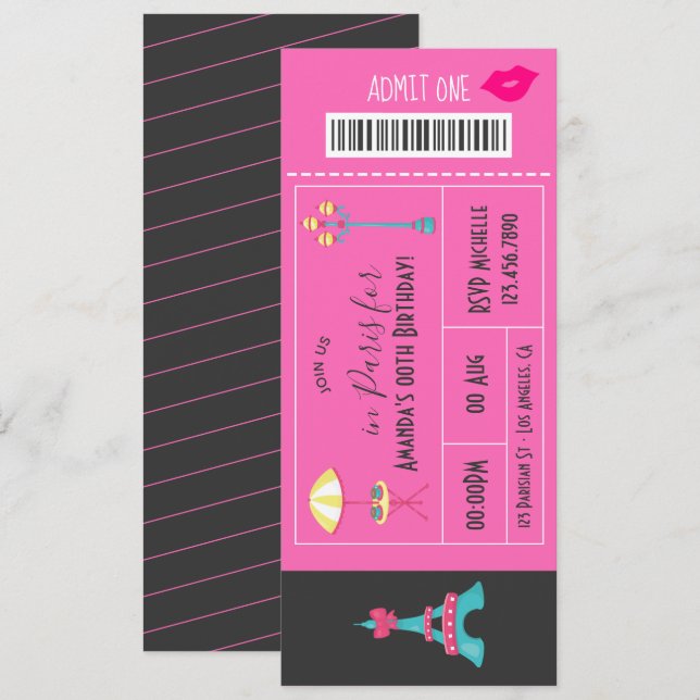 Fête d'Anniversaire à Paris Invitation de billets (Devant / Derrière)