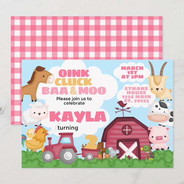 Fête d'anniversaire de ferme Invitation fille rose (Devant / Derrière)