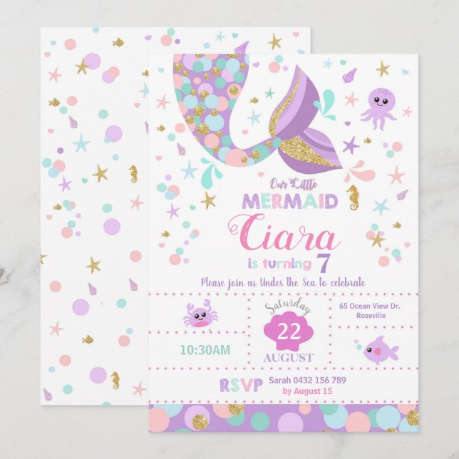 Fête d'anniversaire de la Mermaid Invitation Card  (Devant / Derrière)