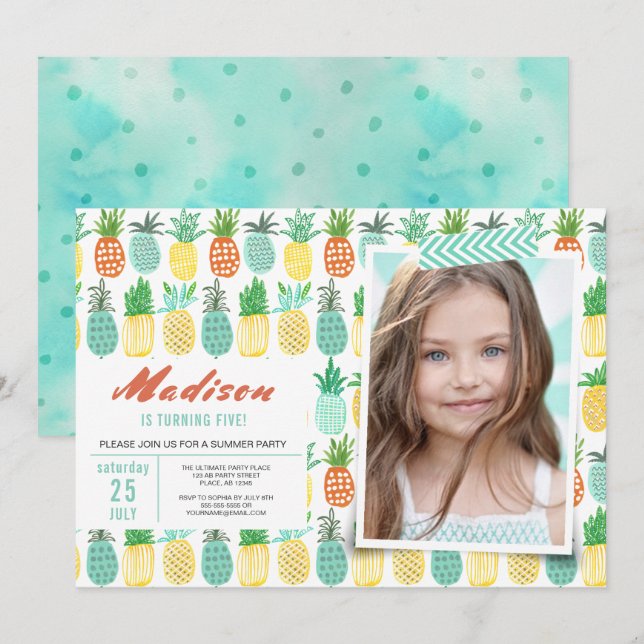 Fête d'anniversaire | Fruit d'ananas | Invitations (Devant / Derrière)