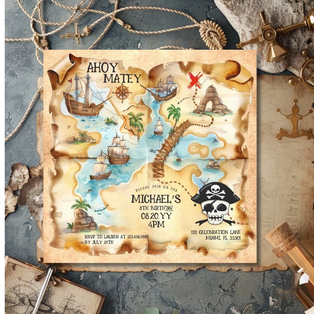 Fête d'anniversaire sur le thème de la carte au tr (Pirate Themed Treasure Map Birthday Party Invitation)
