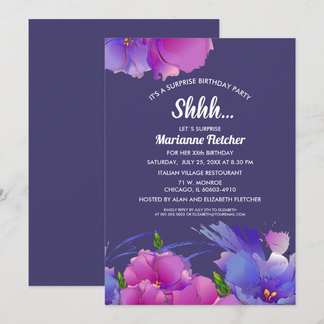 Fête d'anniversaire surprise. Aquarelle Invitation (Devant / Derrière)