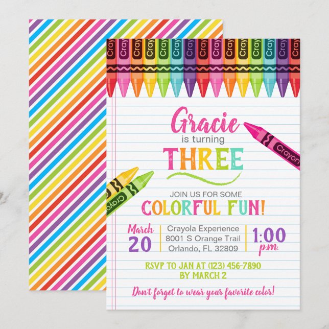 Fête d'Art Colorée Crayon Girl Invitation Annivers (Devant / Derrière)