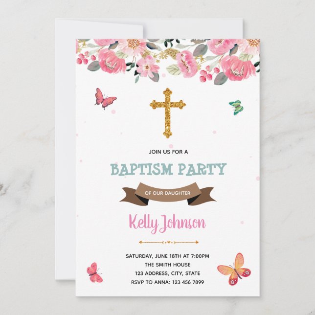 Fête de baptême de papillon rose Invitation (Devant)