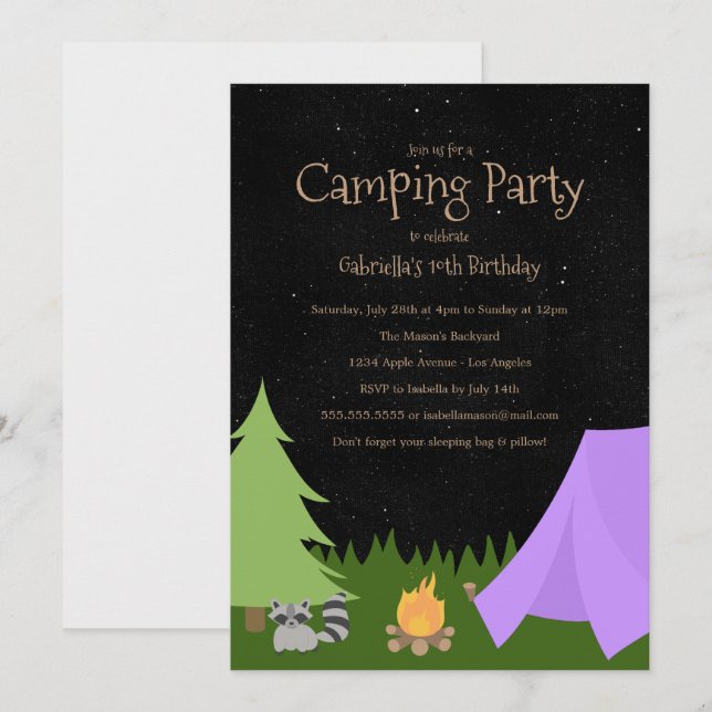 Fête de Camping pour filles | Invitation de fête d (Devant / Derrière)