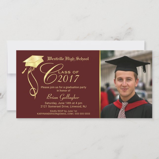 Fête de graduation Photo Invitation Garnet & Or (Devant)
