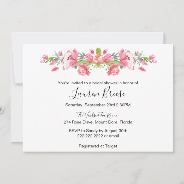 Fête de la mariée florale rose - invitation (Devant)