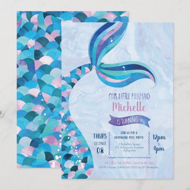 Fête de la piscine de sirène Invitation d'annivers (Devant / Derrière)