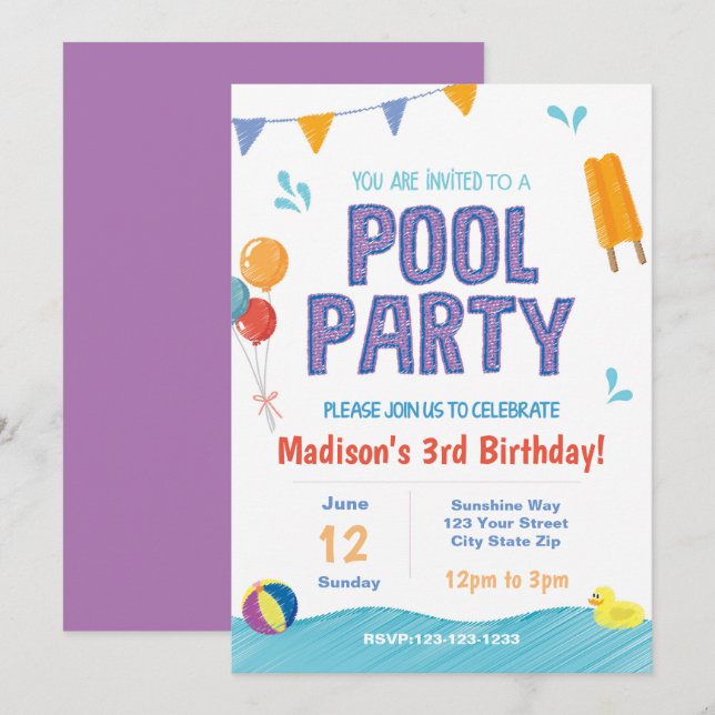 Fête de la piscine d'été Invitation (Devant / Derrière)