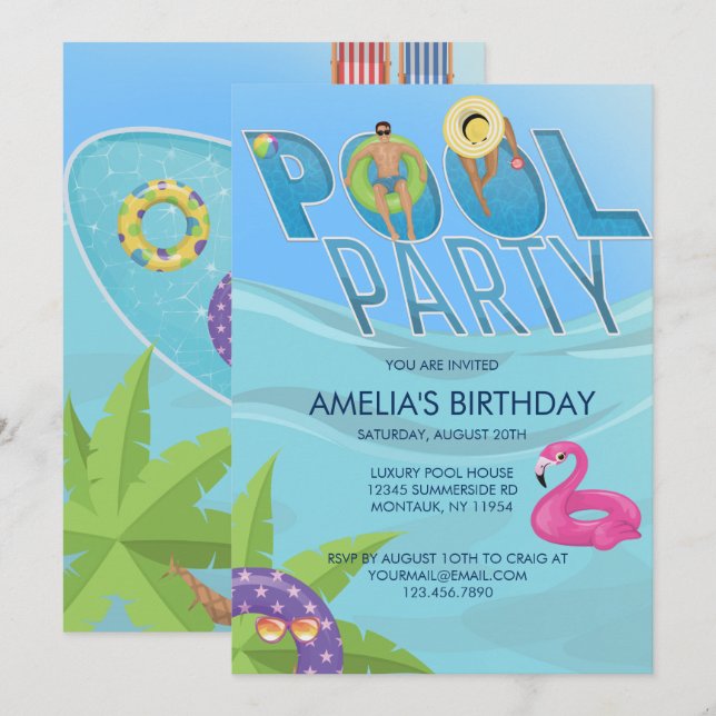 Fête de la piscine été | Nage Invitation d'anniver (Devant / Derrière)