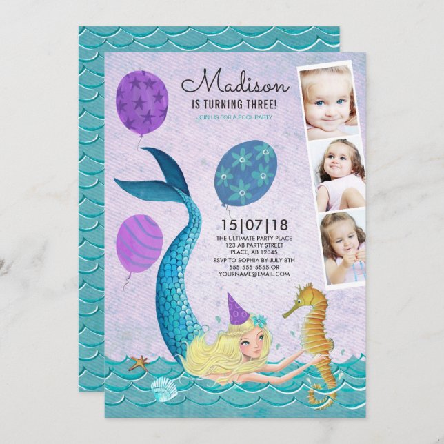 Fête de la piscine | Sirène | Invitations (Devant / Derrière)