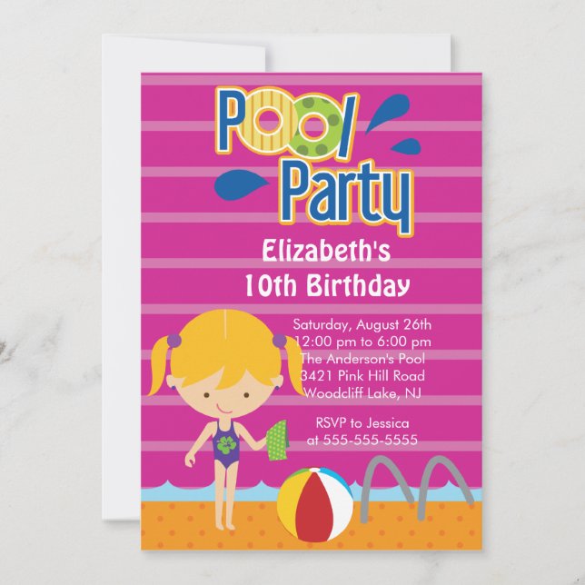 Fête de la piscine Splish Splash Invitation fille  (Devant)