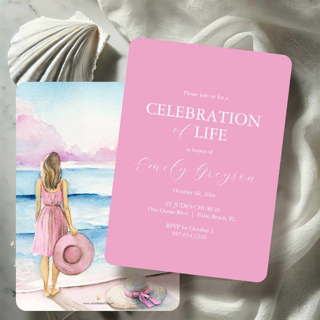 Fête de la vie Invitation Watercolor Beach (Celebration of life invitations features pink watercolor beach art by Victoria Grigaliunas)