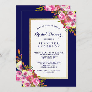 Fête de l'mariée florale chic Invitation  Navy Blu