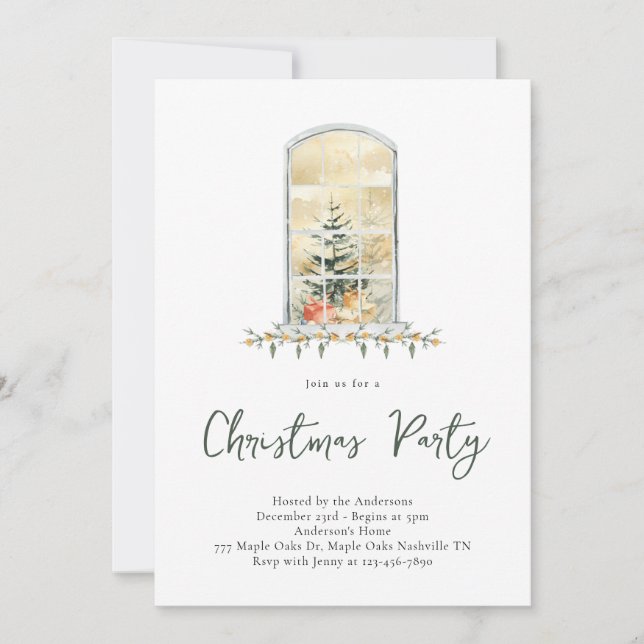 Fête de Noël Aquarelle Fenêtre Neige Invitation (Devant)