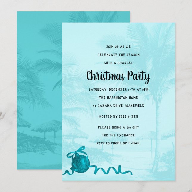 Fête de Noël côtière Palmiers bleus Invitation (Devant / Derrière)