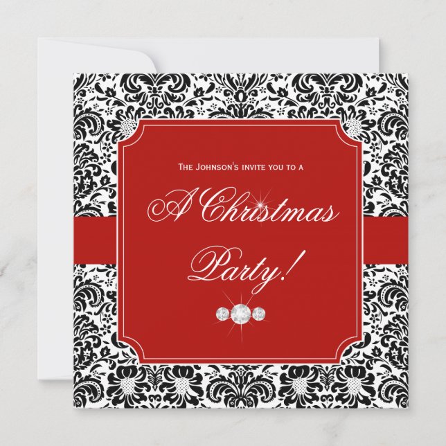 Fête de Noël Damask Rouge Noir Blanc Invitation (Devant)