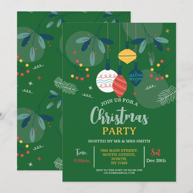 Fête de Noël Invitation Green Festive Party Bauble (Devant / Derrière)