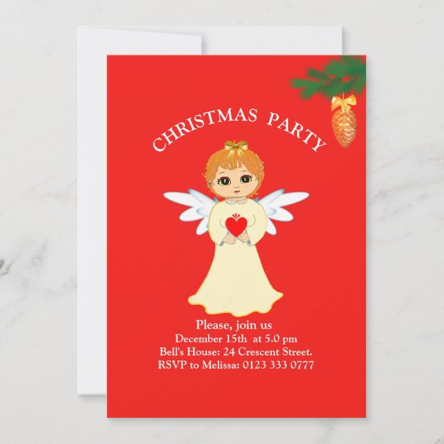Fête de Noël Petit Ange sur Invitation Rouge (Devant)
