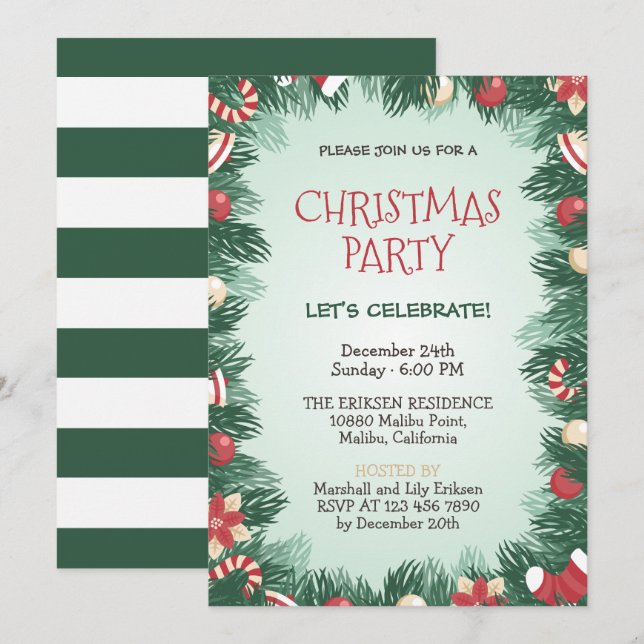 Fête de Noël verte et élégante| Invitation (Devant / Derrière)