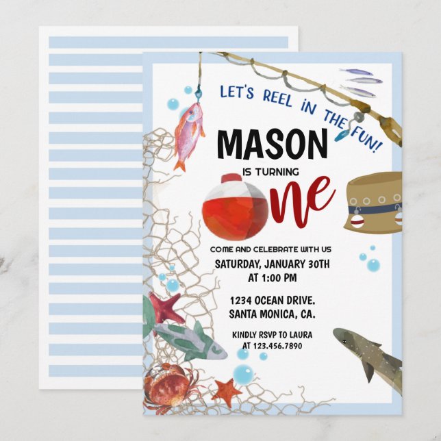 Fête de pêche, premier anniversaire, INVITATION À  (Devant / Derrière)