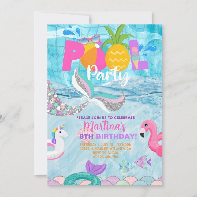 Fête de piscine aux sirènes, invitation d'été au b (Devant)