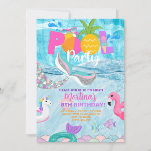 Fête de piscine aux sirènes, invitation d'été au b