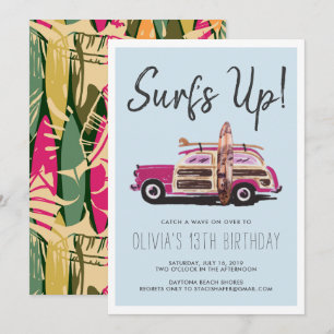 Fête de surf d'été   Invitation de voiture rose vi