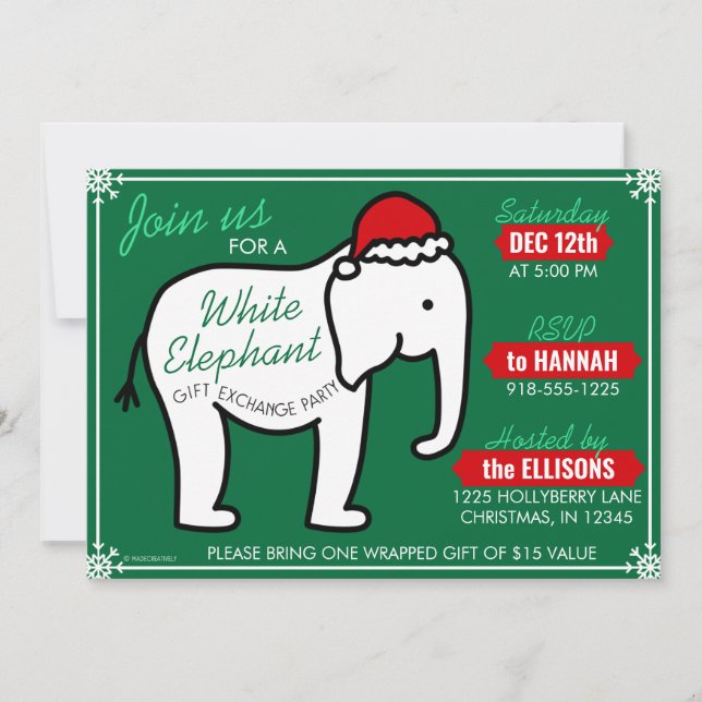 Fête des éléphants blancs Noël (Vert) Invitation (Devant)