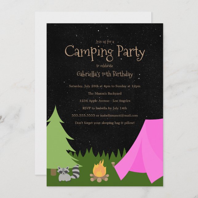 Fête des filles de camping| Invitation à la fête d (Devant / Derrière)