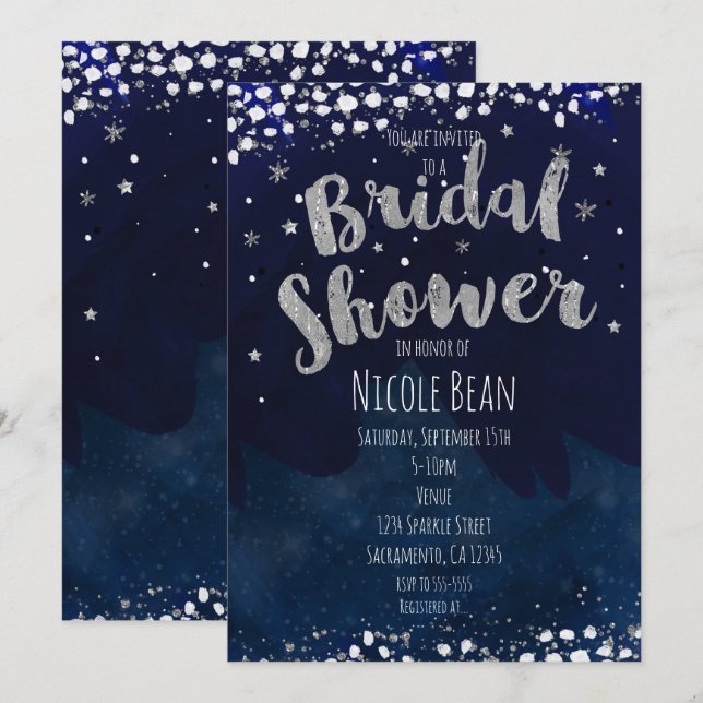 Fête des mariées Blue & Silver Starry Invitations (Devant / Derrière)
