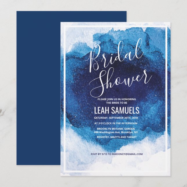 Fête des mariées Blue Watercolor Invitation (Devant / Derrière)