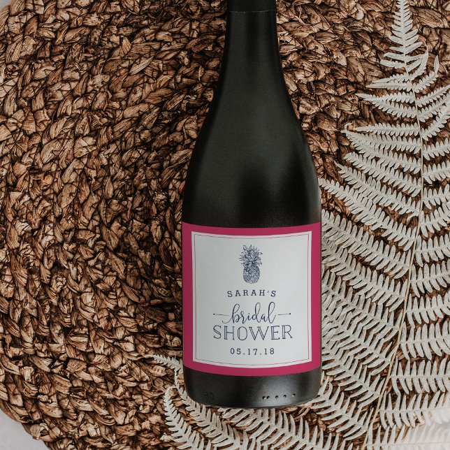 Fête des mariées d'ananas rose et marine Étiquette (Créateur téléchargé)