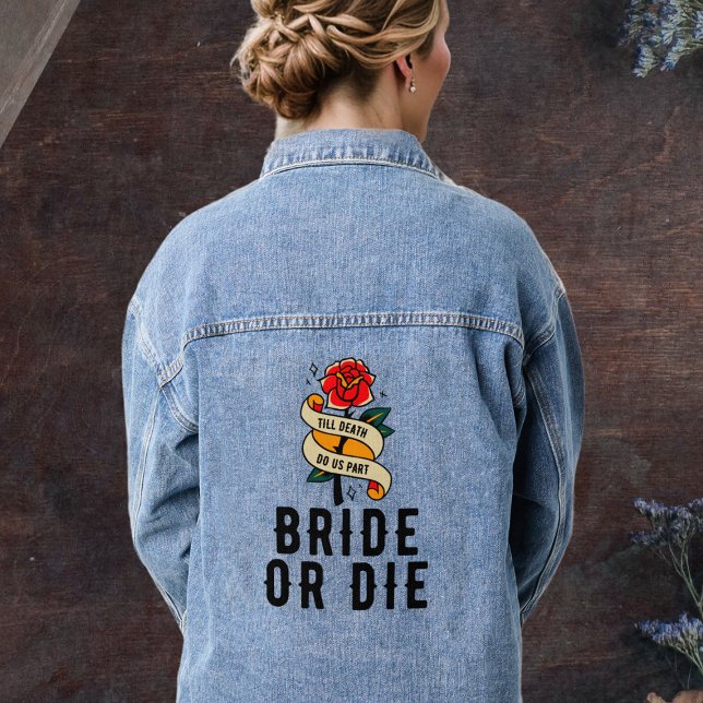 Fête des mariées de mariage gothique pour mariée o (Bride or Die Rose Gothic Weddding Bridal Shower Denim Jacket
)