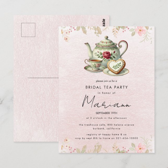 Fête des mariées de théière Florale Invitation de  (Devant / Derrière)