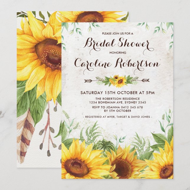Fête des mariées de tournesol rustique Invitation  (Devant / Derrière)