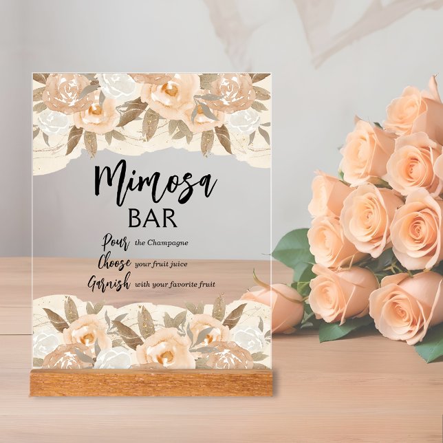 Fête des mariées des fleurs de broche à barres Mim (Mimosa Bar bridal shower clear acrylic sign with rustic peach flowers and leaves on top and bottom)