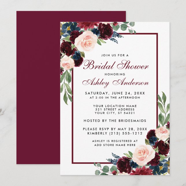 Fête des mariées Floral Bourgogne Bleu Invitation (Devant / Derrière)