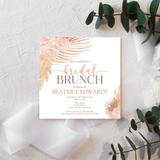 Fête des mariées florale rose doux Invitation Brun (Créateur téléchargé)