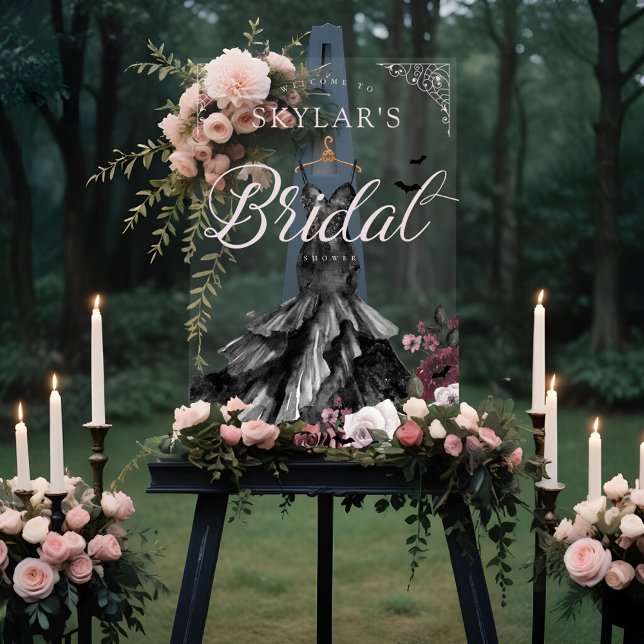 Fête des mariées gothique Mariage noir (Gothic Black Wedding Dress Bridal Shower Welcome F Acrylic Sign)