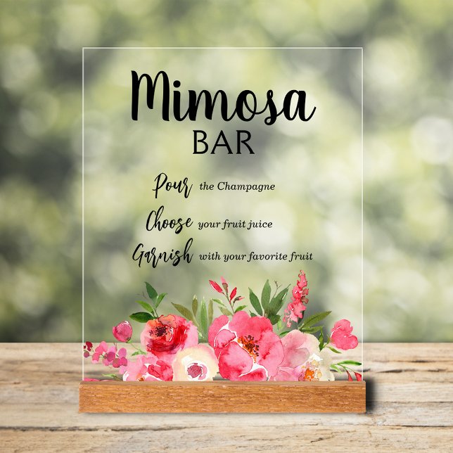 Fête des mariées Mimosa Bar Pink Peonies (Mimosa Bar bridal shower tabletop acrylic sign with pink and cream flowers and greenery)