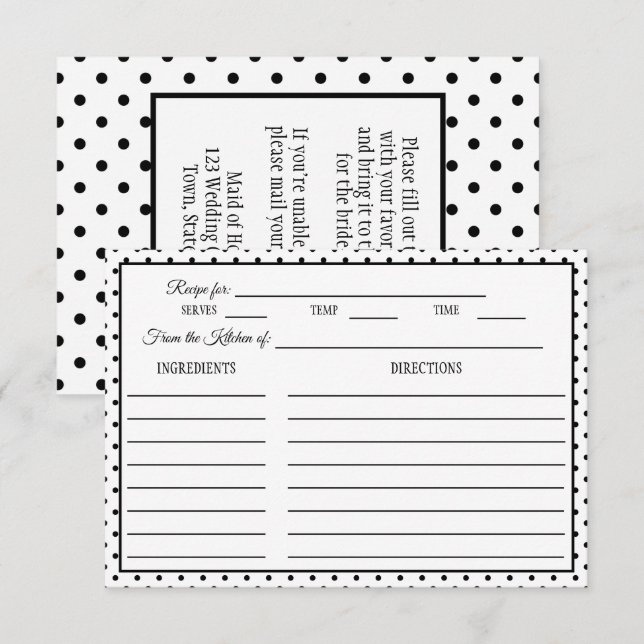 Fête des mariées Recette Carte Polka Point noir et (Devant / Derrière)