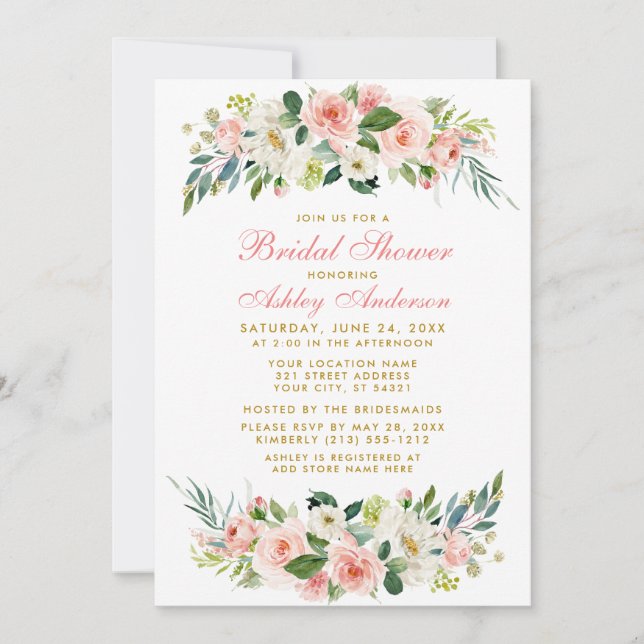 Fête des mariées Rose Blanc Floral Gold Invitation (Devant)