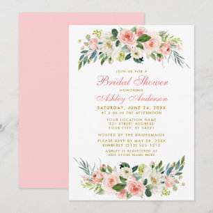 Fête des mariées Rose Blanc Floral Gold Invitation